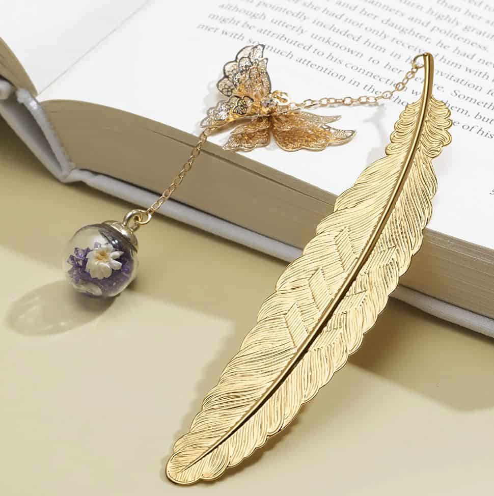 Metal Feather Bookmark With Butterfly
