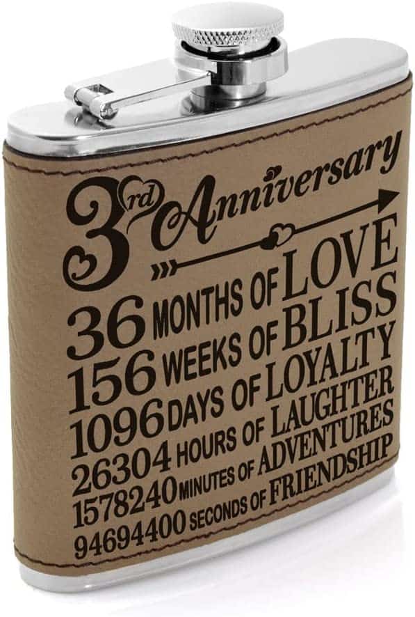 3 Years of Marriage Engraved Leather Flask